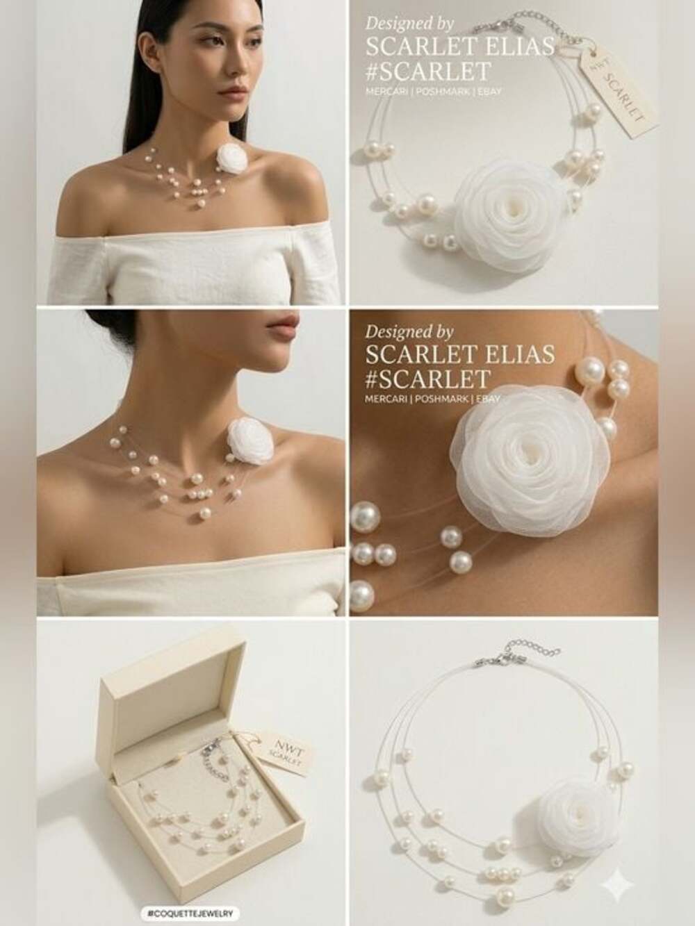 Coquette Organza Rose & Floating Pearl Choker Necklace NWT